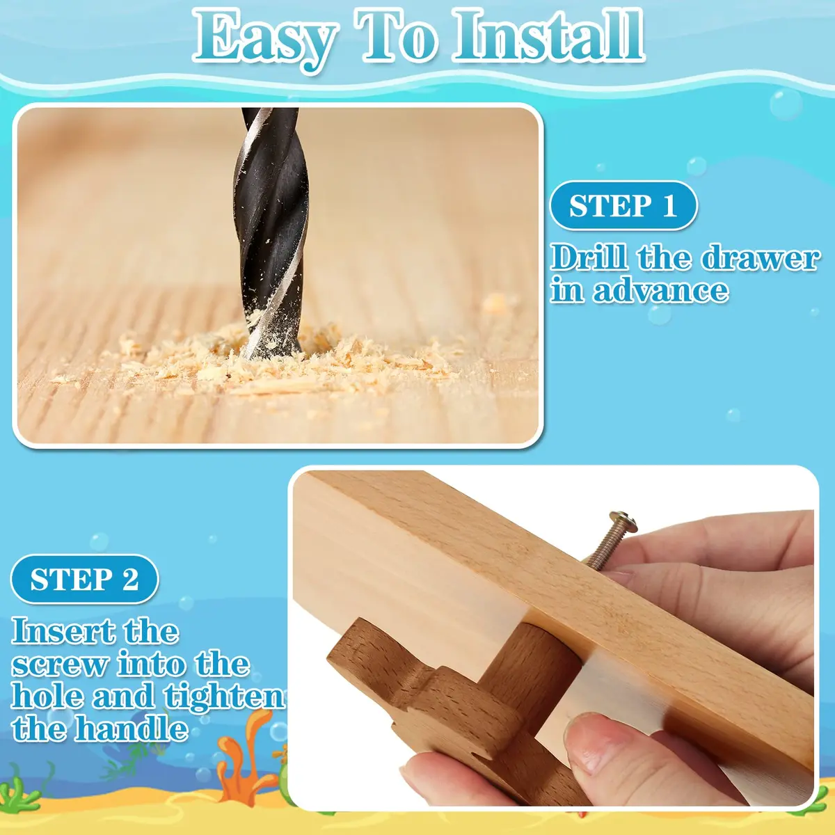 Qunclay Wooden Animal Dresser Knob Drawer Pull Sea Animal | Unfinished, 6 Sets for DIY Decor - view 3