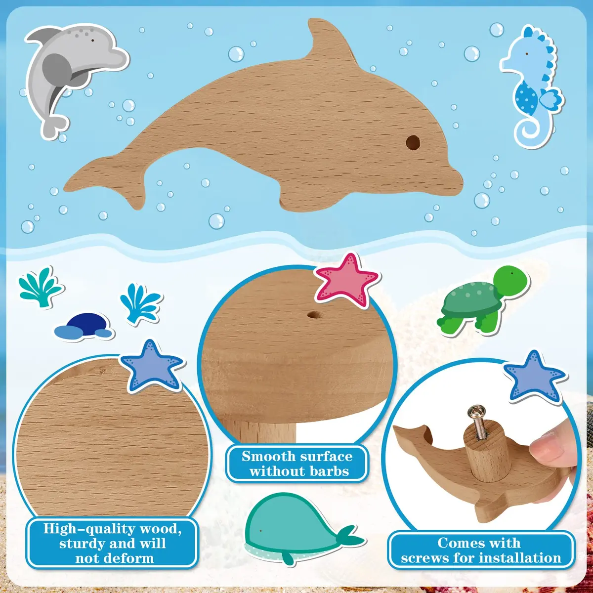 Qunclay Wooden Animal Dresser Knob Drawer Pull Sea Animal | Unfinished, 6 Sets for DIY Decor - view 4