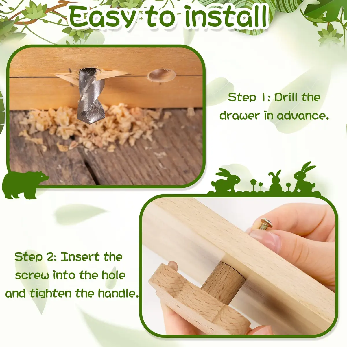 Qunclay Wooden Animal Dresser Knob Forest Animal | Cute Handcrafted Drawer Pulls for Furniture - view 3