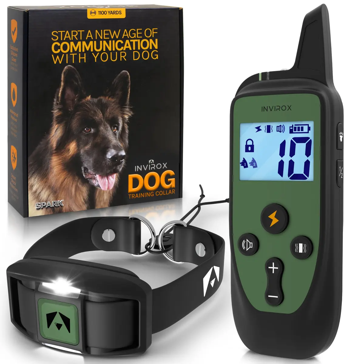 INVIROX Dog Training Collar with Remote, 123 Levels, 1100ft Range, IP67 Waterproof, Green Spark - main product image