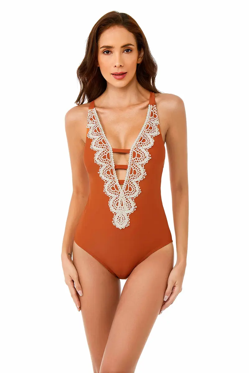 BCA by Rebecca Virtue Destination Women's One Piece Swimsuit with Plunge Neckline & Crochet Trim, Burnt Orange, Medium - main product image