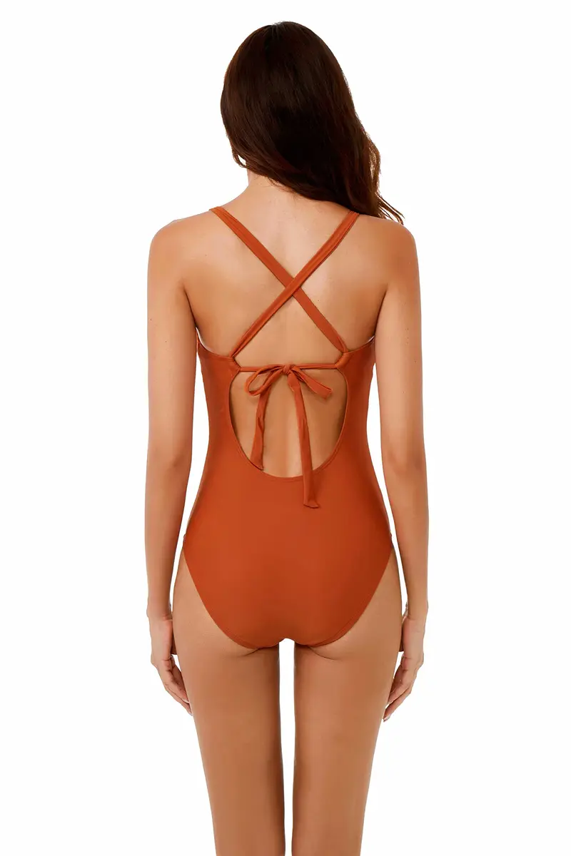 BCA by Rebecca Virtue Destination Women's One Piece Swimsuit with Plunge Neckline & Crochet Trim, Burnt Orange, Medium - view 2