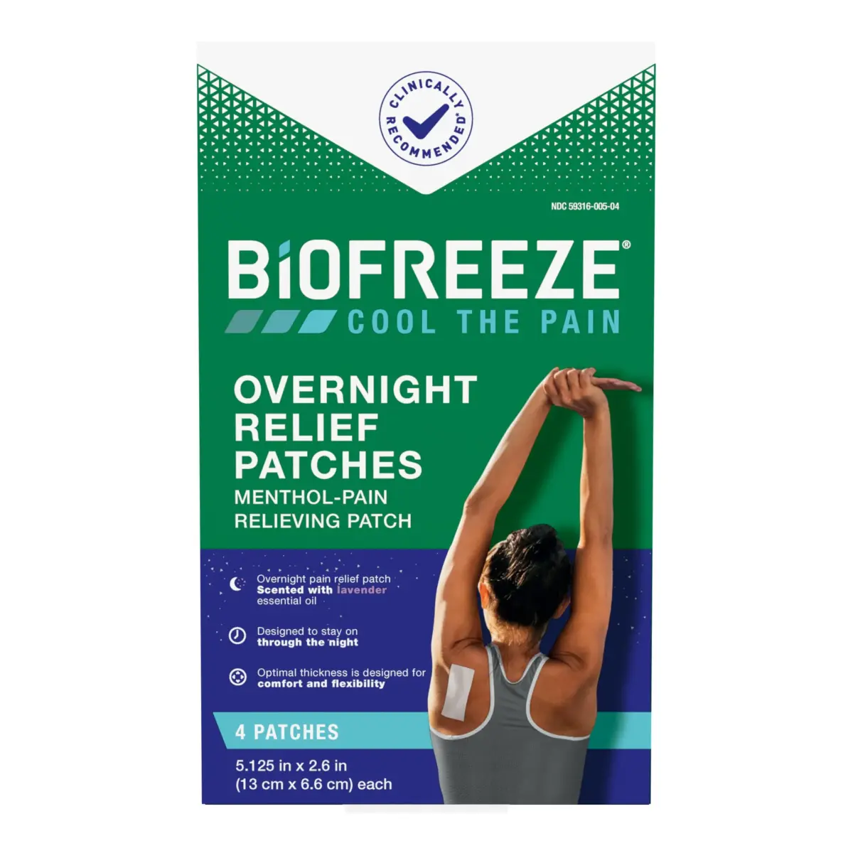 Biofreeze Overnight Pain Relief Patches, Cooling Menthol Pain Patch, 4 Count (Pack of 1) | 8-Hour Targeted Relief - main product image