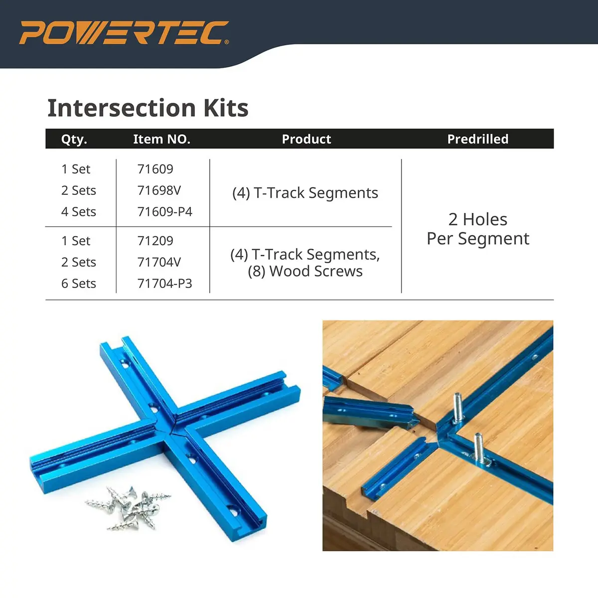 POWERTEC 71704V 3" T-Track Intersection Kit with Predrilled Mounting Holes & Wood Screws, 2 Sets | Aluminum T-Track Accessories for Woodworking Fixtures - view 8