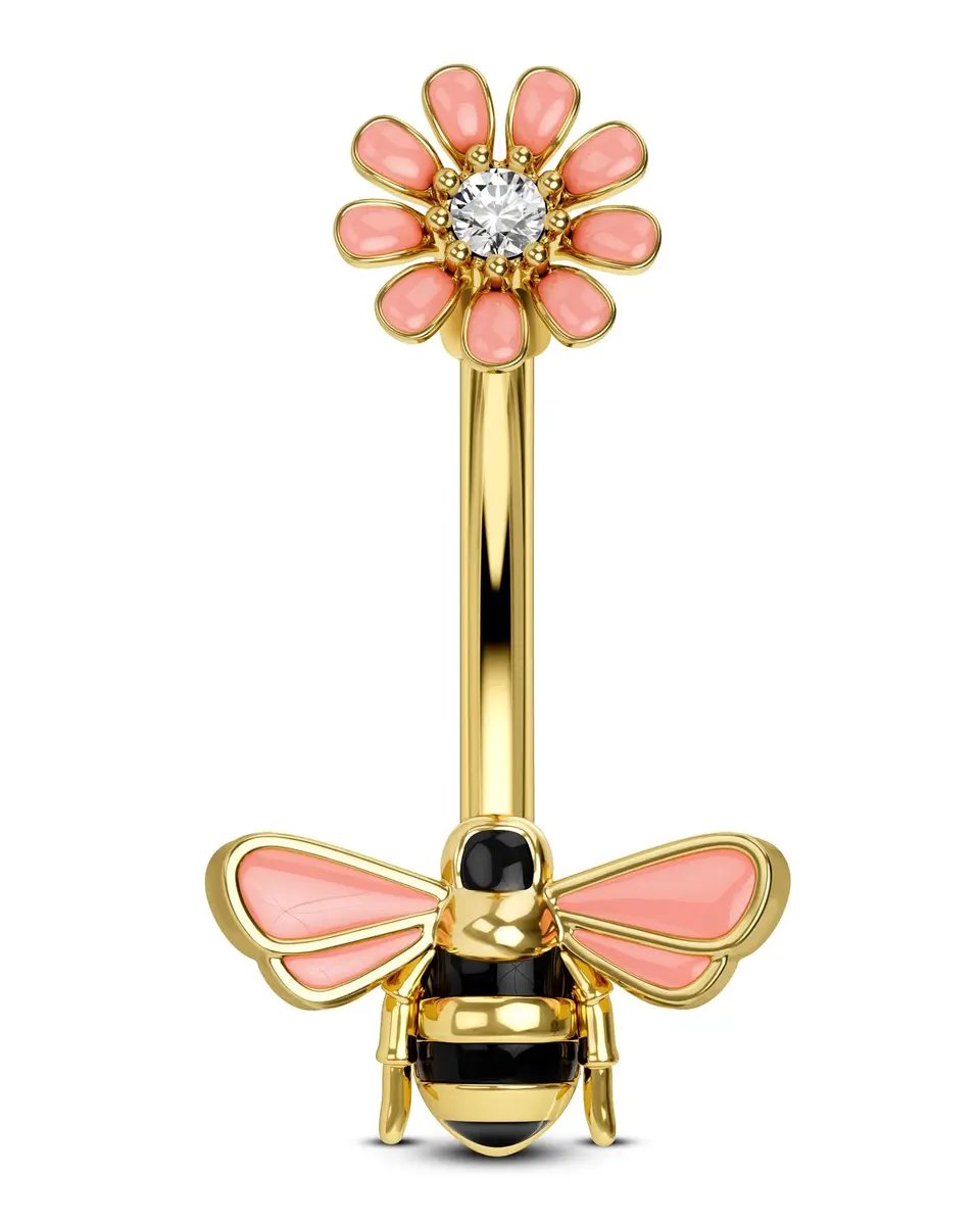 CM Crareesi Mania Belly Button Ring 14G Stainless Steel Bee & Flower Design | Cute Navel Piercing Jewelry with 10mm Diameter - main product image