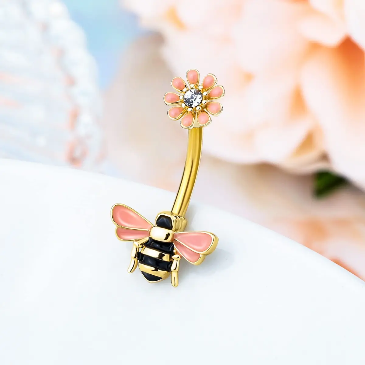 CM Crareesi Mania Belly Button Ring 14G Stainless Steel Bee & Flower Design | Cute Navel Piercing Jewelry with 10mm Diameter - view 2