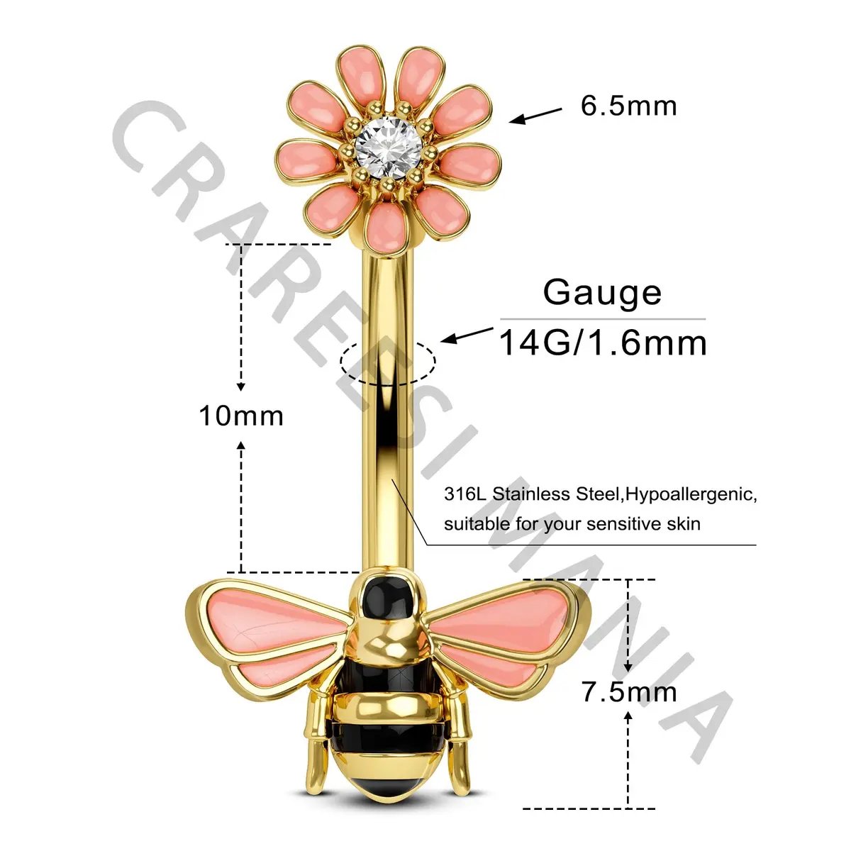 CM Crareesi Mania Belly Button Ring 14G Stainless Steel Bee & Flower Design | Cute Navel Piercing Jewelry with 10mm Diameter - view 3