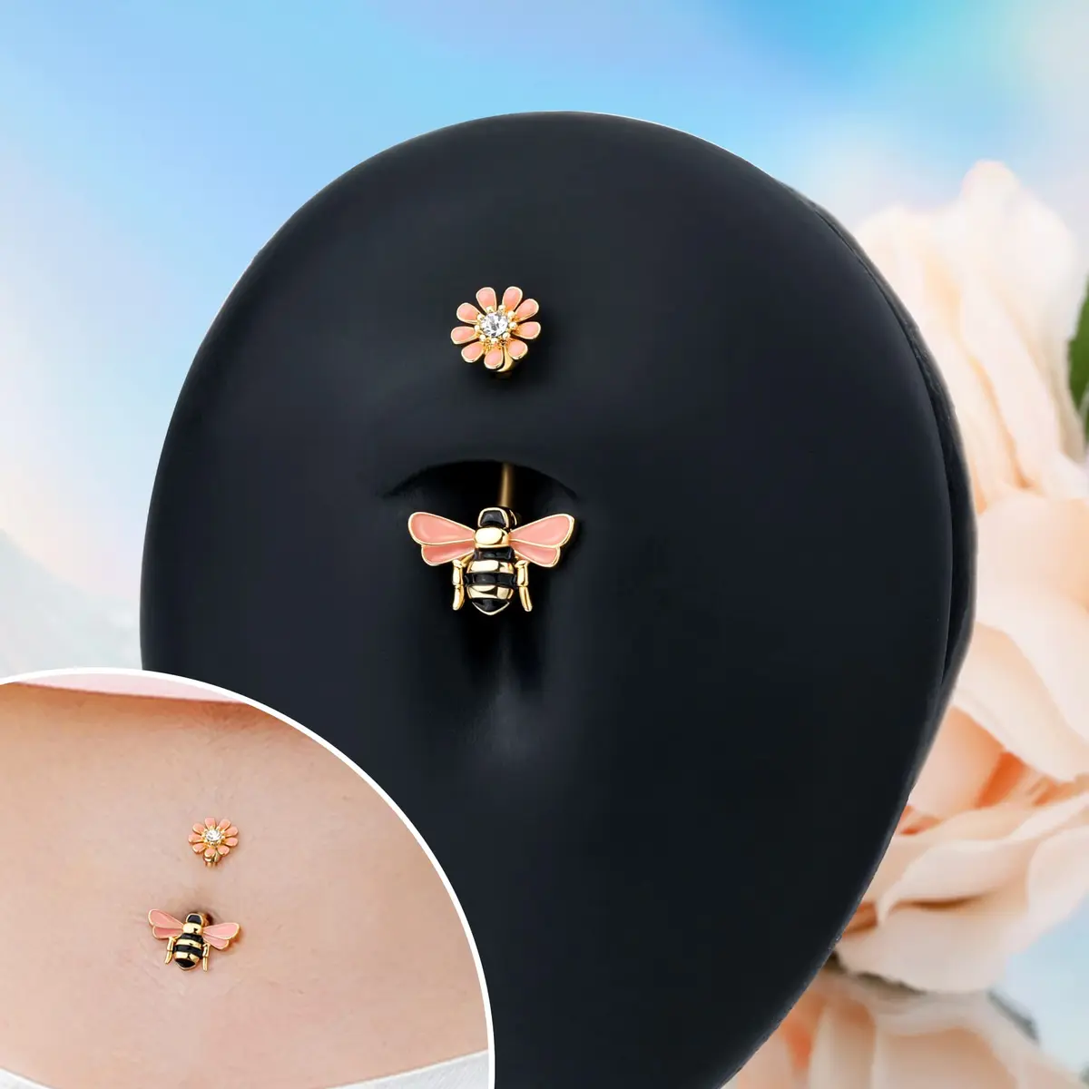 CM Crareesi Mania Belly Button Ring 14G Stainless Steel Bee & Flower Design | Cute Navel Piercing Jewelry with 10mm Diameter - view 4