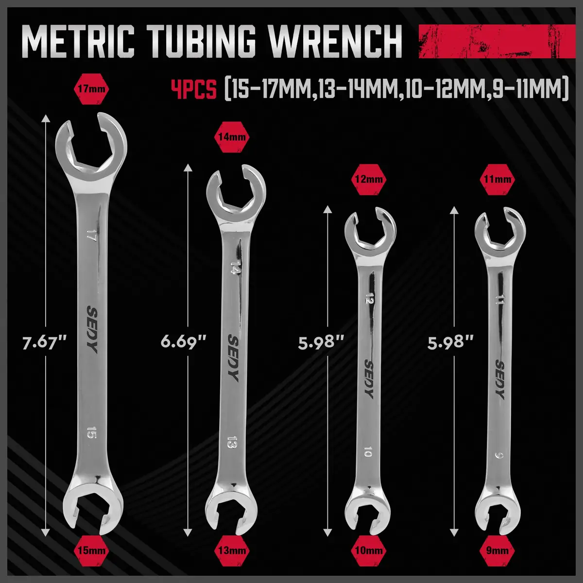 SEDY 4-Piece Metric Flare Nut Wrench Set 9-17mm | Offset Spanner for Fuel Lines & Hoses - view 3