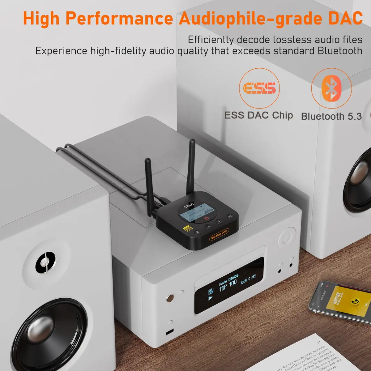 1Mii B06Pro+ Hi-Fi Bluetooth 5.3 Audio Receiver, LDAC Hi-Res Wireless Adapter for Home Stereo, 3.5mm AUX Optical Coaxial | Long Range, Volume Control - view 6