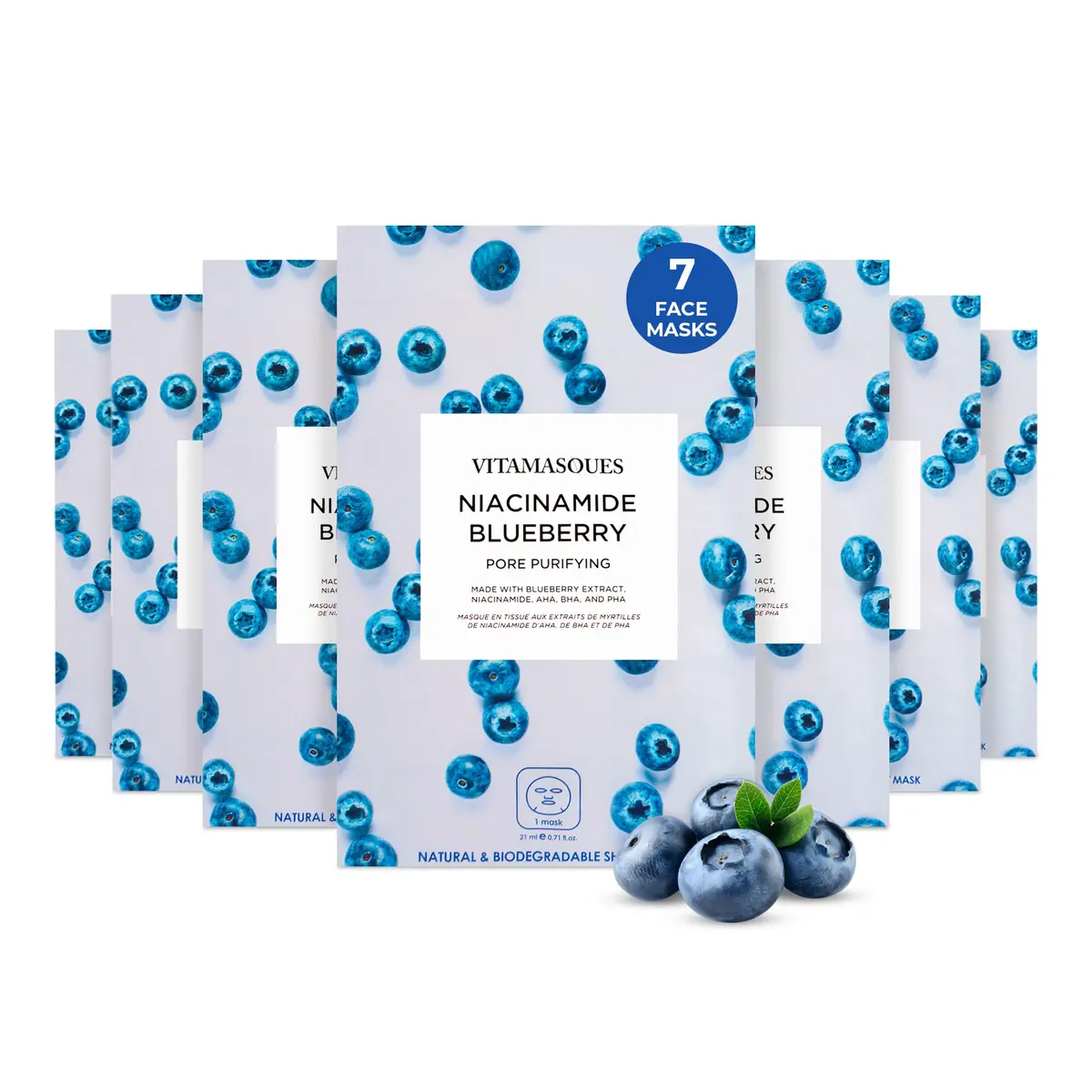 Vitamasques Niacinamide Blueberry Face Sheet Mask, 7 Pack | Brightening & Hydrating Korean Mask for All Skin Types - main product image