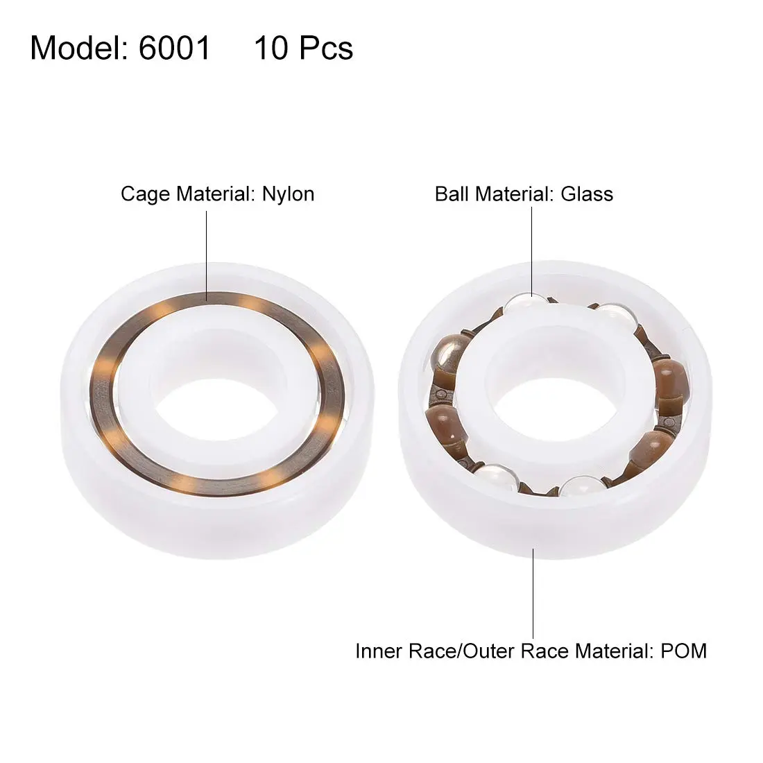uxcell 6001 Plastic Bearings 12x28x8mm Glass Ball Nylon Cage 10 Pcs | High Precision & Speed Operation - view 2