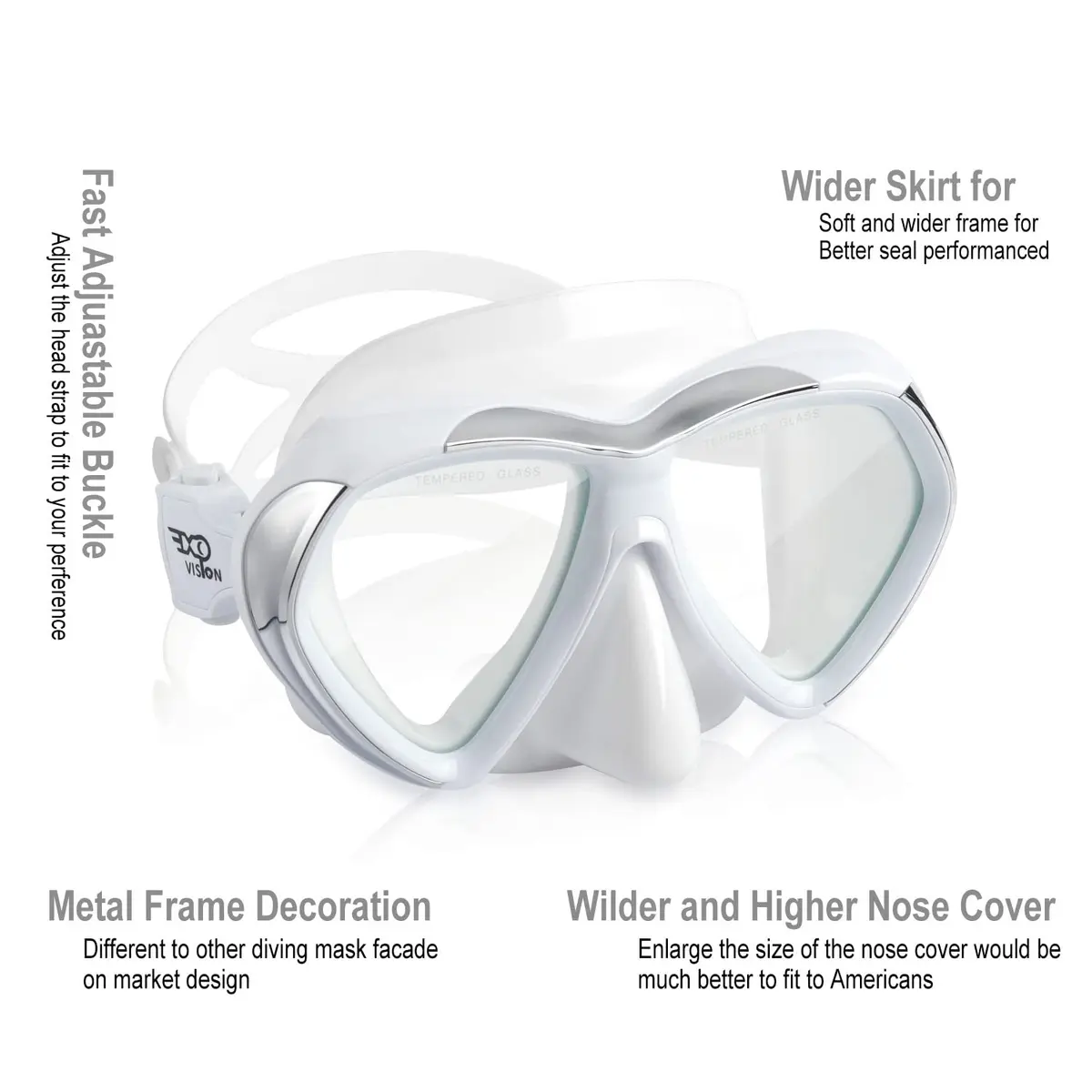 EXP VISION Adult Scuba Diving Mask, Anti-Fog Snorkel Goggles with Nose Cover & Wide Silicone Skirt | Tempered Glass Lens, 180° Panoramic View - view 2
