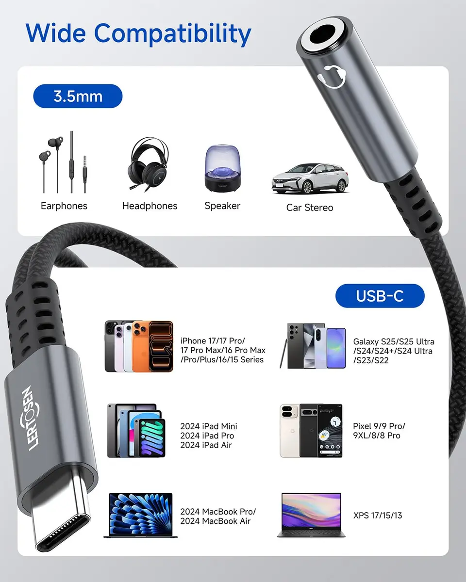 LERTOSEN USB C to 3.5mm Headphone & Charger Adapter | 60W PD Fast Charging, Hi-Res Audio, Compact Design (13cm) - view 8