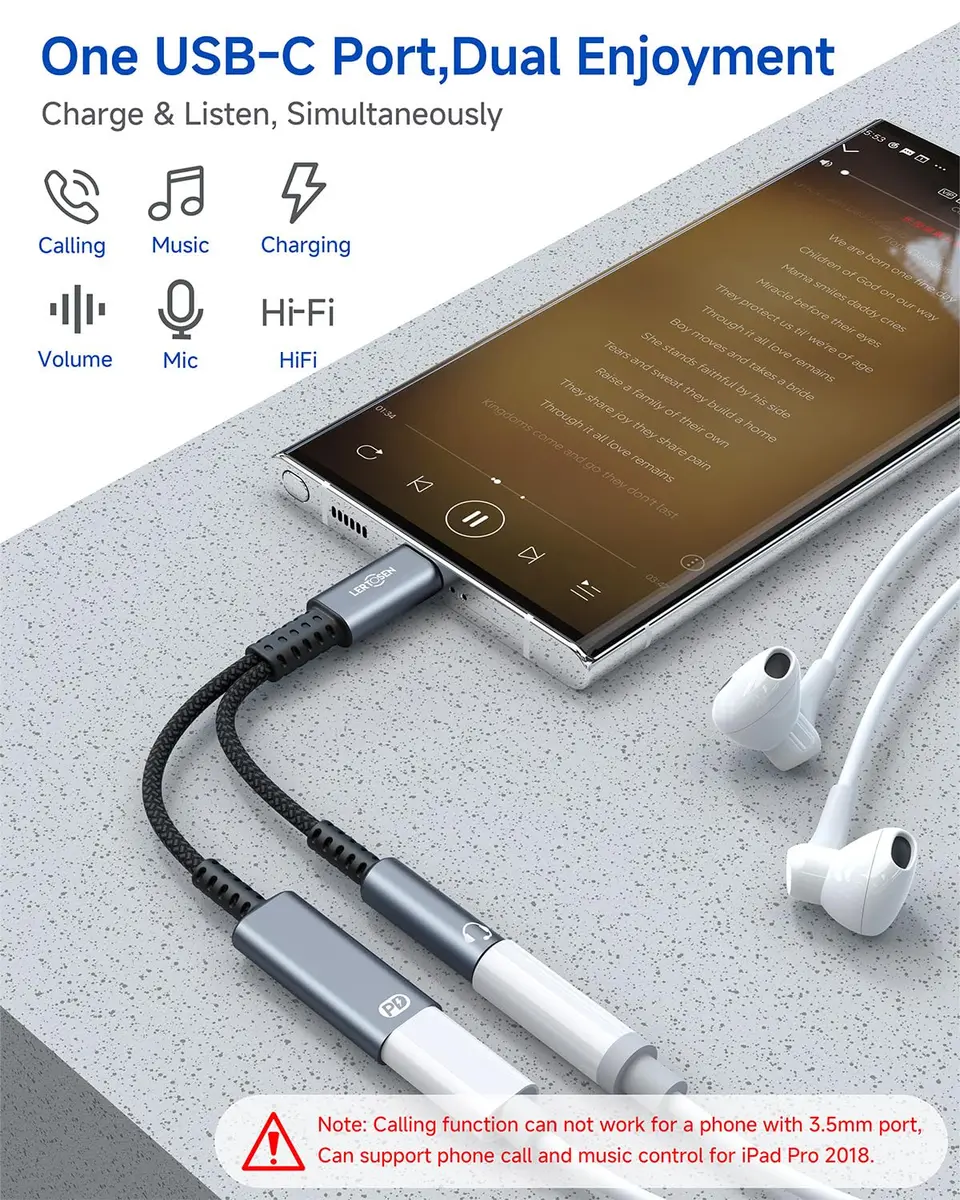 LERTOSEN USB C to 3.5mm Headphone & Charger Adapter | 60W PD Fast Charging, Hi-Res Audio, Compact Design (13cm) - view 2