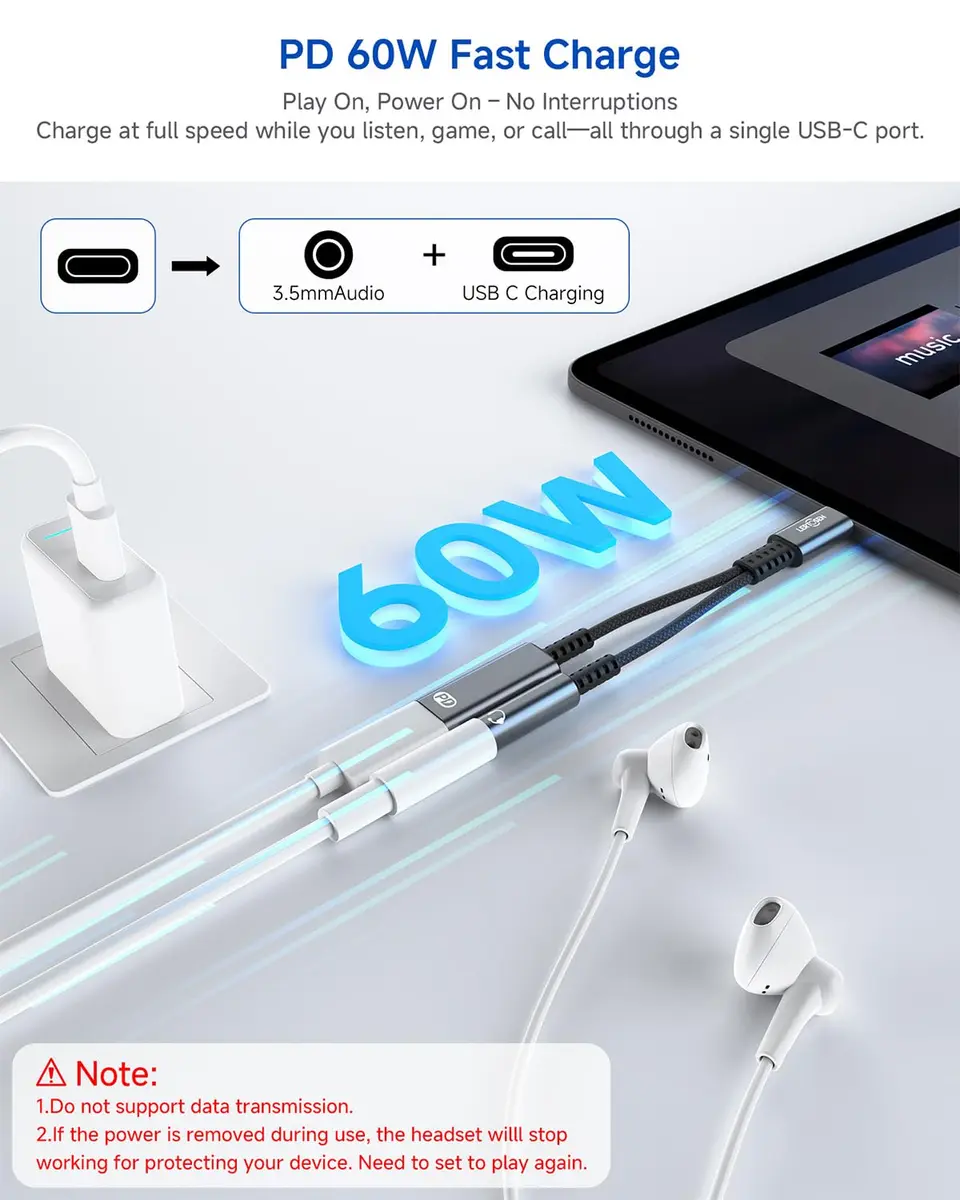 LERTOSEN USB C to 3.5mm Headphone & Charger Adapter | 60W PD Fast Charging, Hi-Res Audio, Compact Design (13cm) - view 4