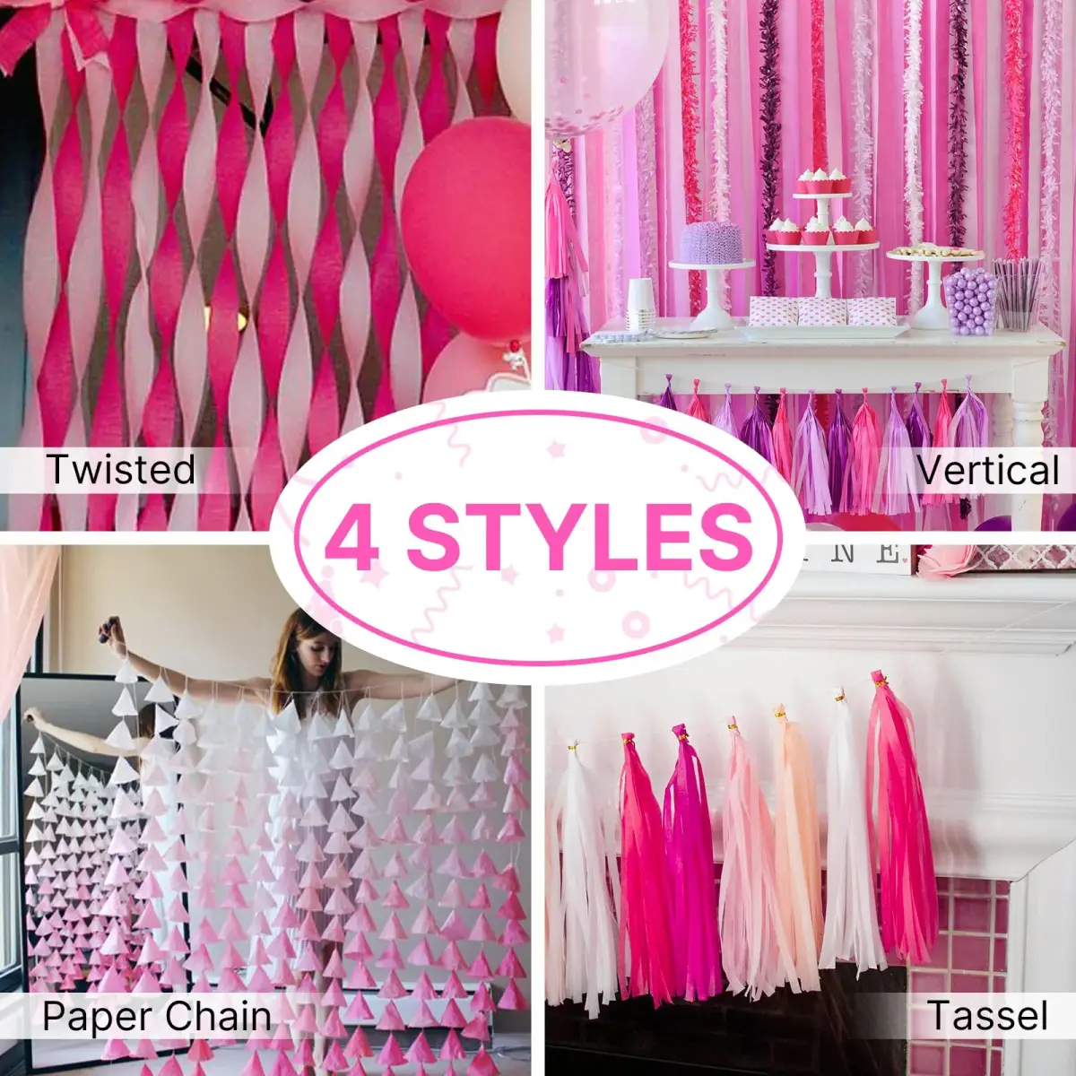 PartyWoo Pink Crepe Paper Streamers 4 Rolls (984 FT Total) | FSC-Certified Paper for Parties - view 5