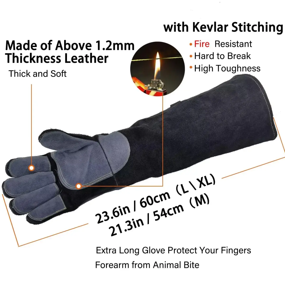 WZQH 23.6 Inch Animal Handling & Welding Gloves, Bite Proof Leather with Kevlar Stitching, XL (Black) - view 2