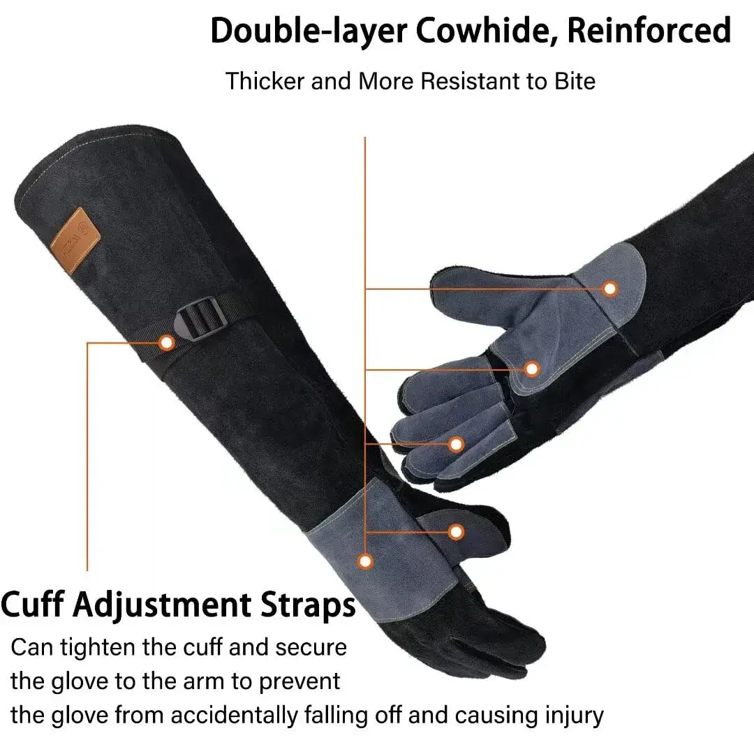 WZQH 23.6 Inch Animal Handling & Welding Gloves, Bite Proof Leather with Kevlar Stitching, XL (Black) - view 3