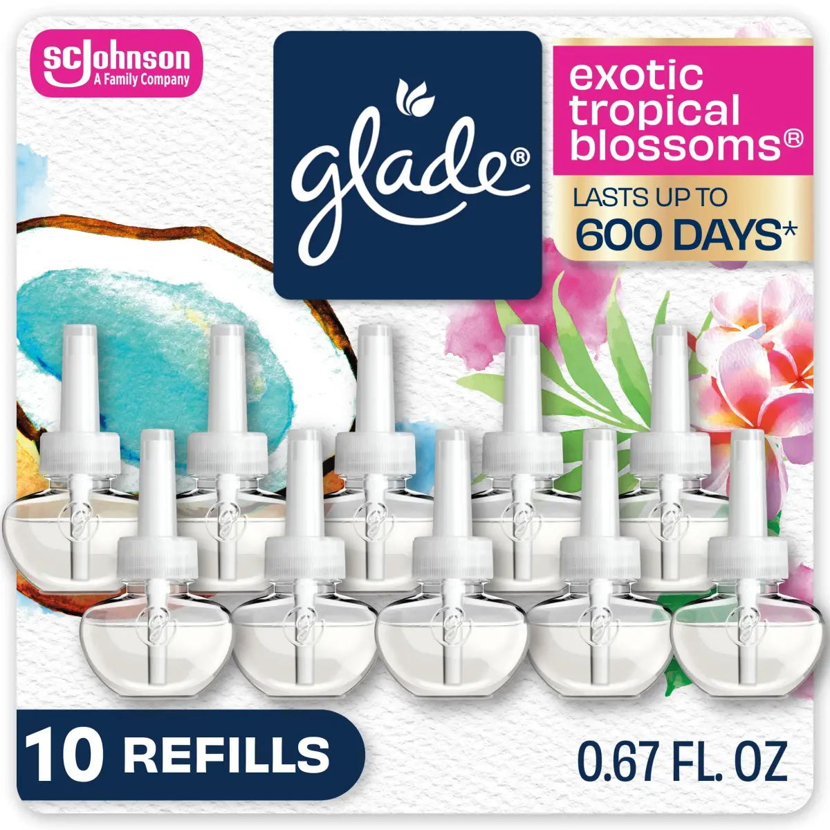 Glade Exotic Tropical Blossoms Air Freshener Refills 6.7 Fl Oz (200ml) | 10 Count Pack with Essential Oils - main product image