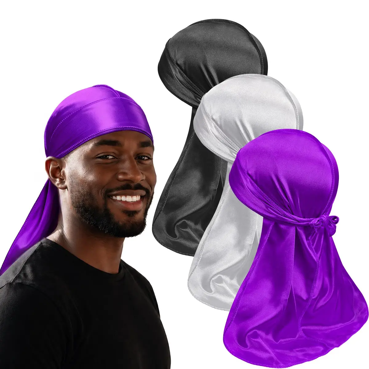 Sdiahoo 3PCS Silky Durags for Men Women Waves | Doo Rag Compression Caps for 360-720 Waves (Purple,White,Black) - main product image