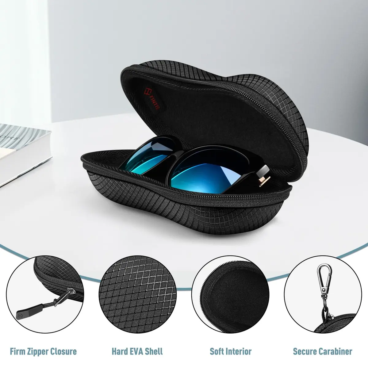 FINTIE Hard EVA Shell Sunglasses Case with Carabiner & Cleaning Cloth | Black - view 4