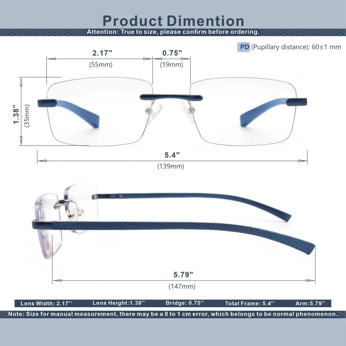 Missfive Premium Aluminum Progressive Multifocus Reading Glasses 1.5 Diopters (0.75x-1.5x) | Blue Light Blocking, Rimless - view 5
