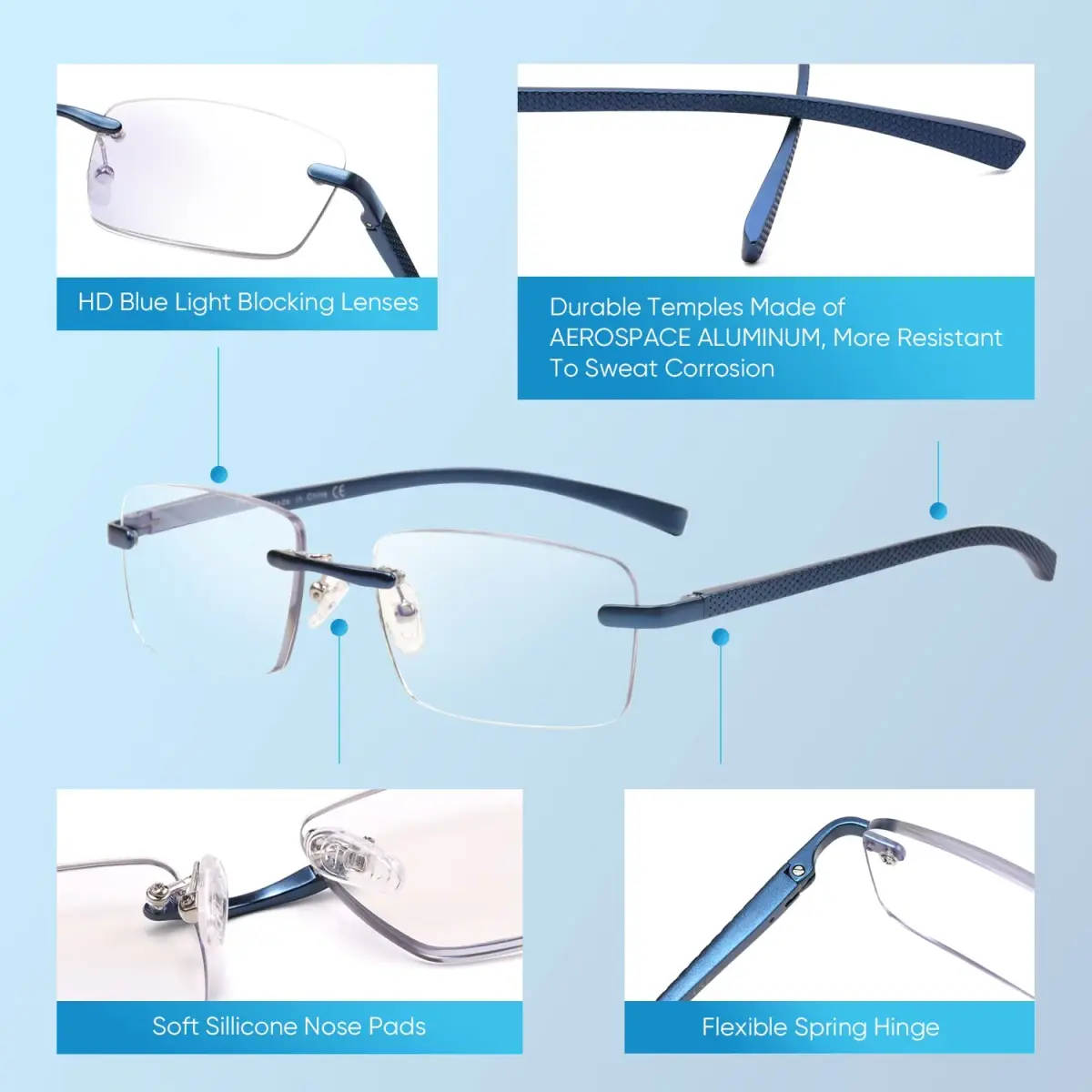 Missfive Premium Aluminum Progressive Multifocus Reading Glasses 147mm (5.79 in) | Blue Light Blocking, Rimless Metal Readers - view 6