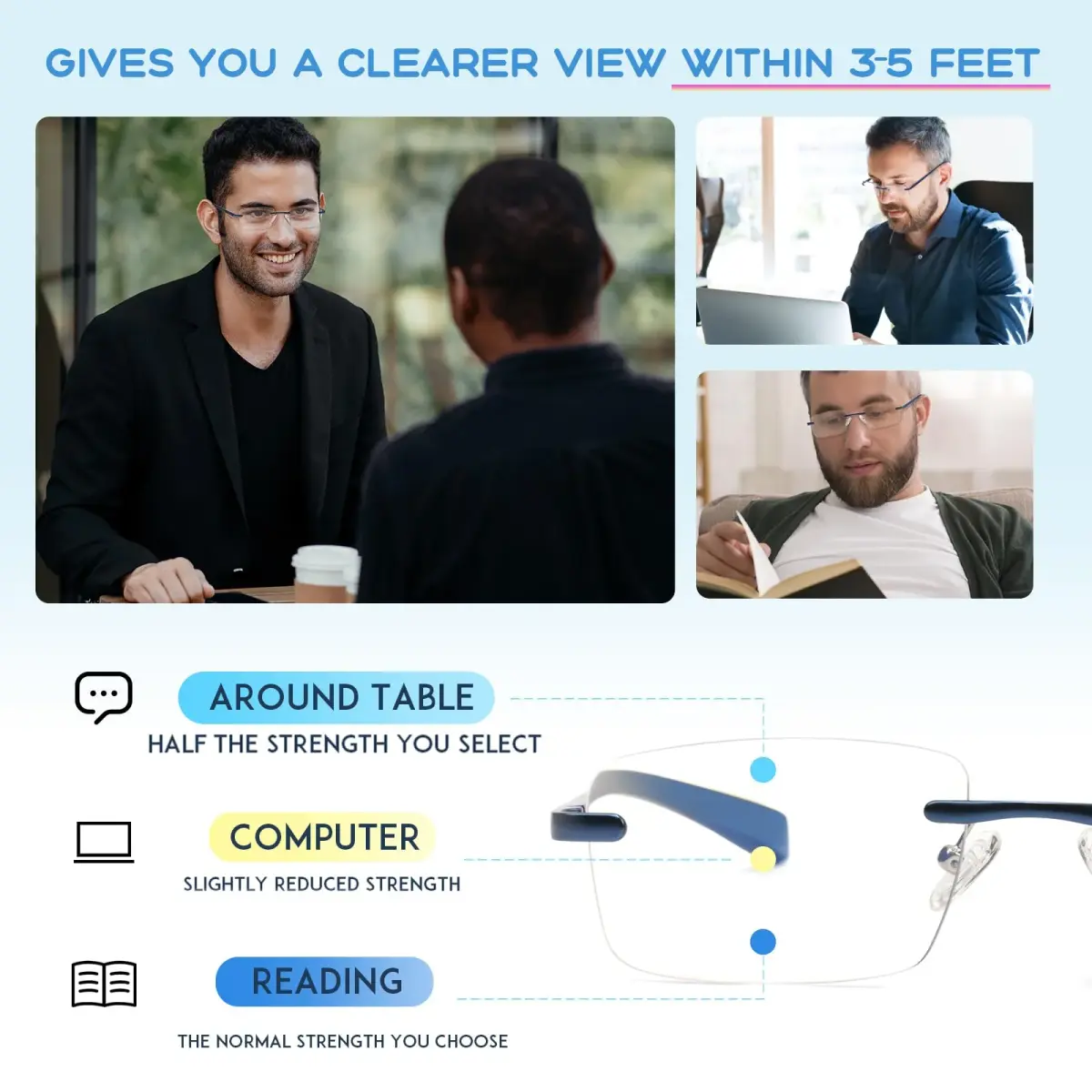 Missfive Premium Aluminum Progressive Multifocus Reading Glasses 147mm (5.79 in) | Blue Light Blocking, Rimless Metal Readers - view 3
