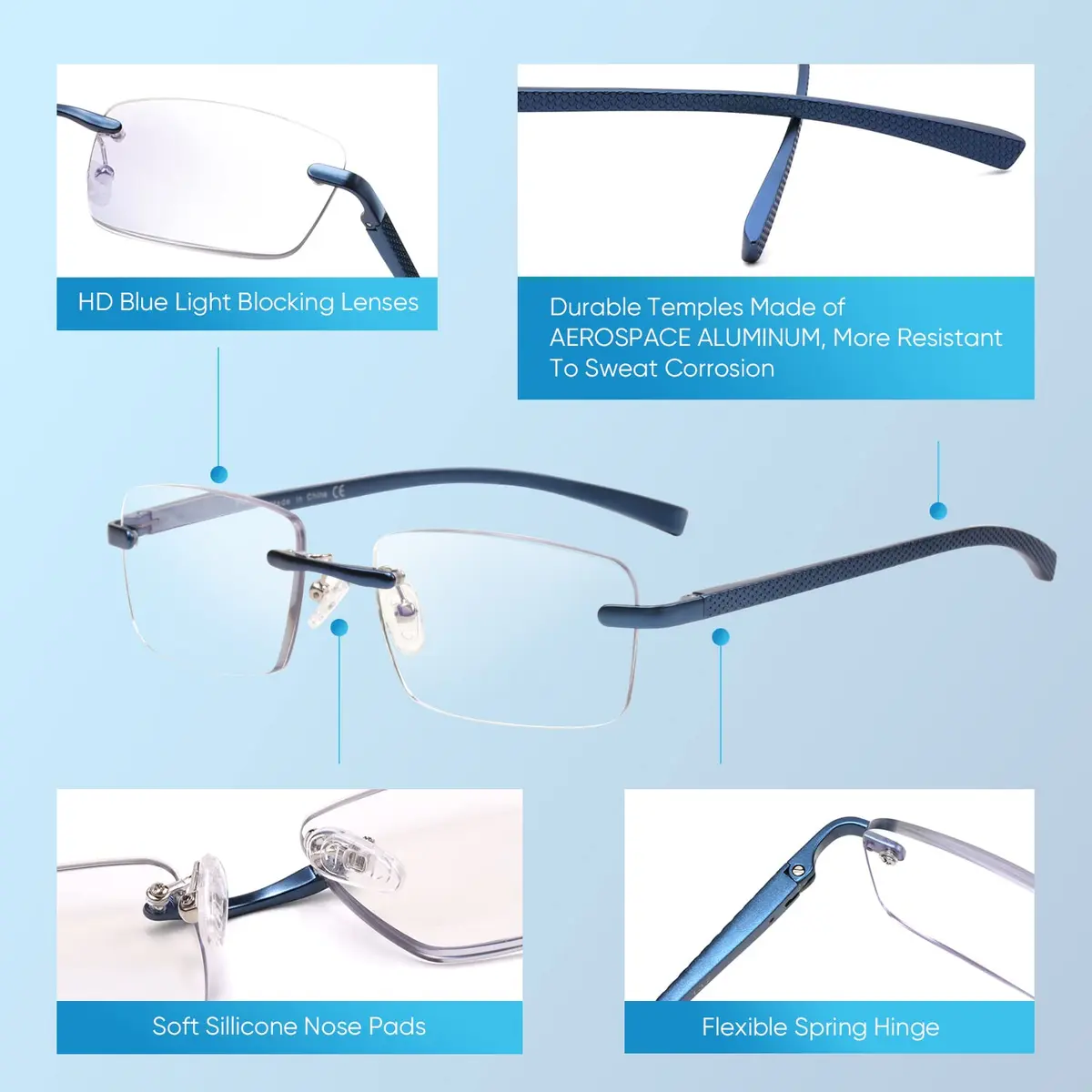 Missfive Premium Aluminum Progressive Multifocus Reading Glasses 2.5x (147mm Arms) | Blue Light Blocking, Rimless Metal Readers - view 6