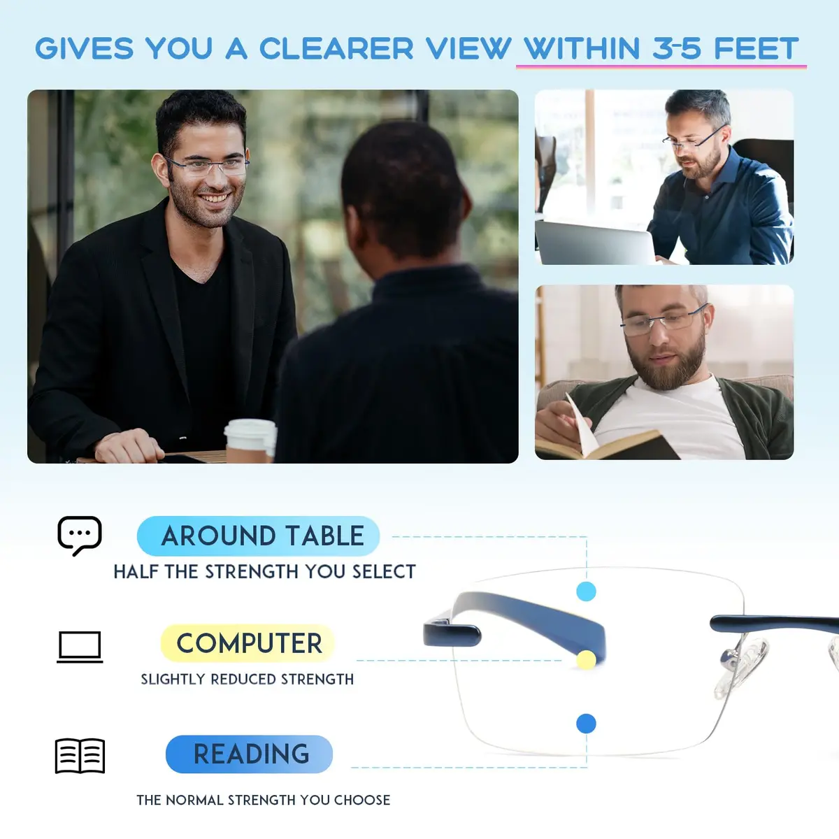 Missfive Premium Aluminum Progressive Multifocus Reading Glasses 2.5x (147mm Arms) | Blue Light Blocking, Rimless Metal Readers - view 3
