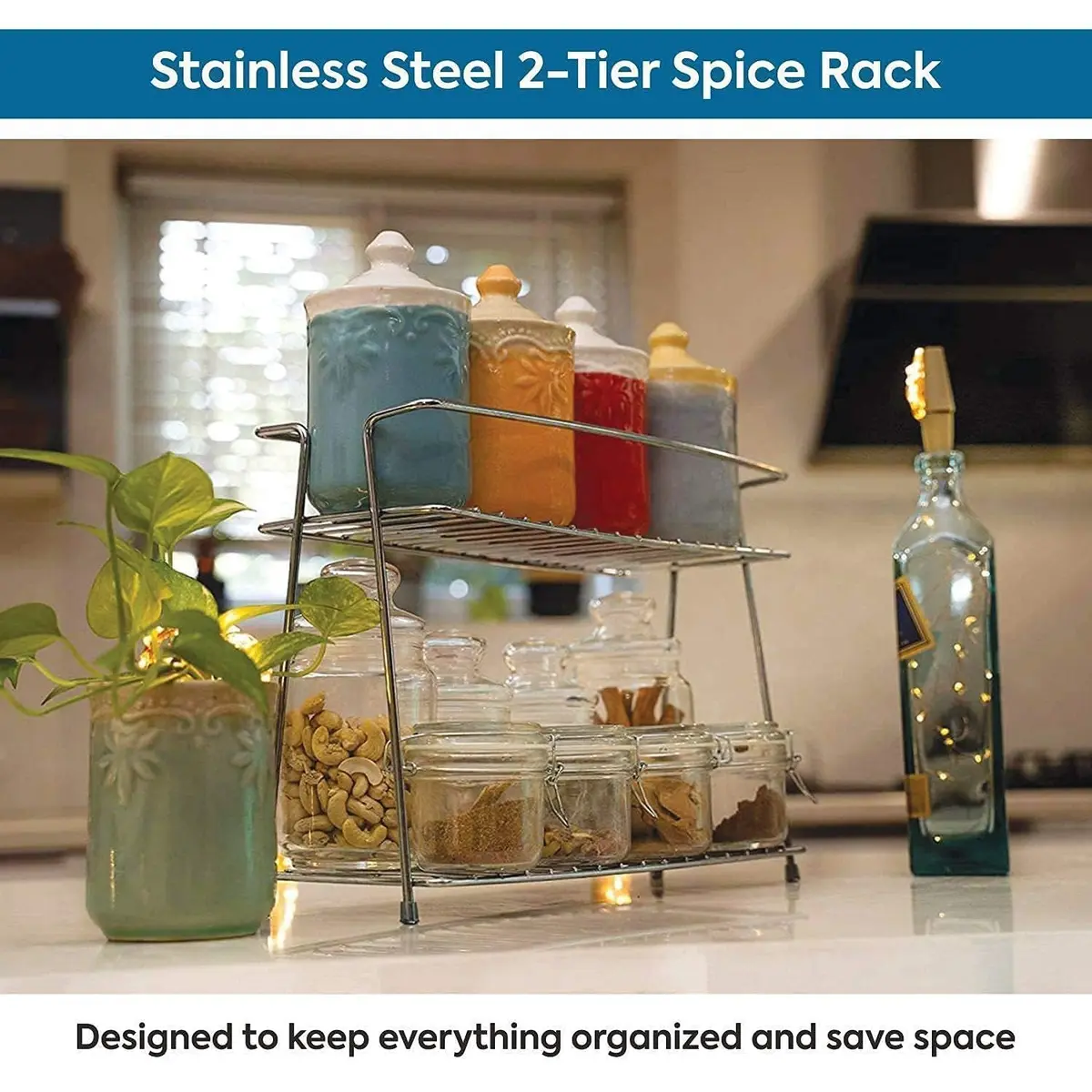 12FOR COLLECTION Stainless Steel 2-Tier Trolley Spice Rack | 49cm (19.3in) Kitchen Organizer - view 4