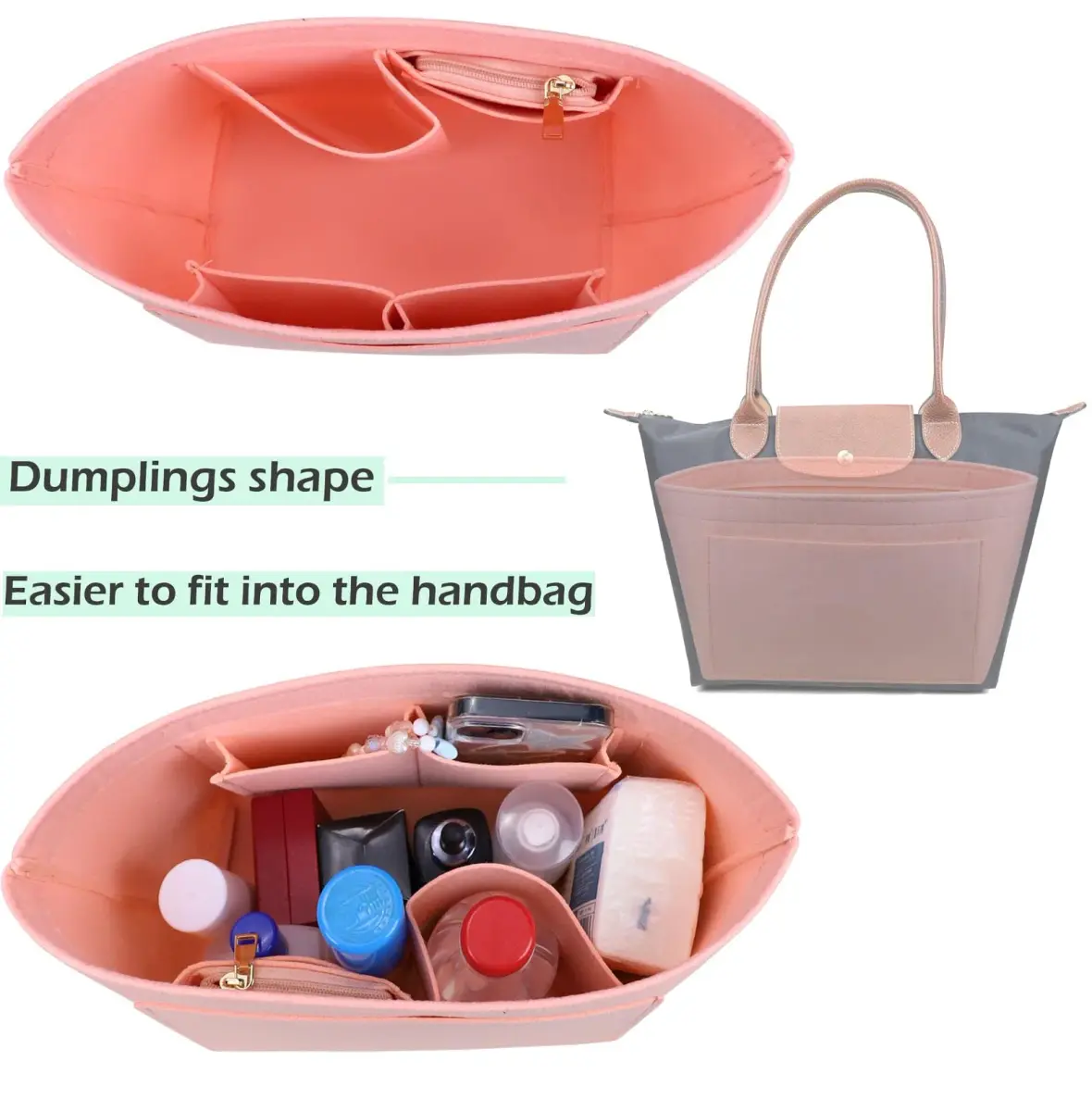 Lckaey Large Pink Felt Purse Organizer Insert | 28cm (11.02") Width, 18cm (7.08") Depth, 22.5cm (8.86") Height - view 6