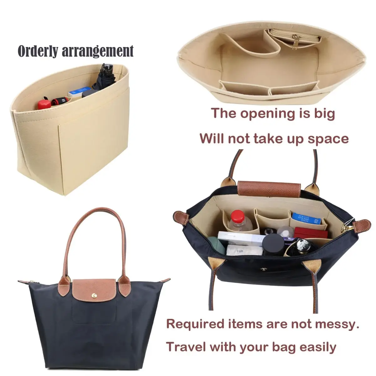 Lckaey Large Felt Purse Organizer Insert for Longchamp Le Pliage Handbag 27.9cm (11.02" W x 7.08" D x 8.86" H) | Keeps Bags Shipshape - view 3