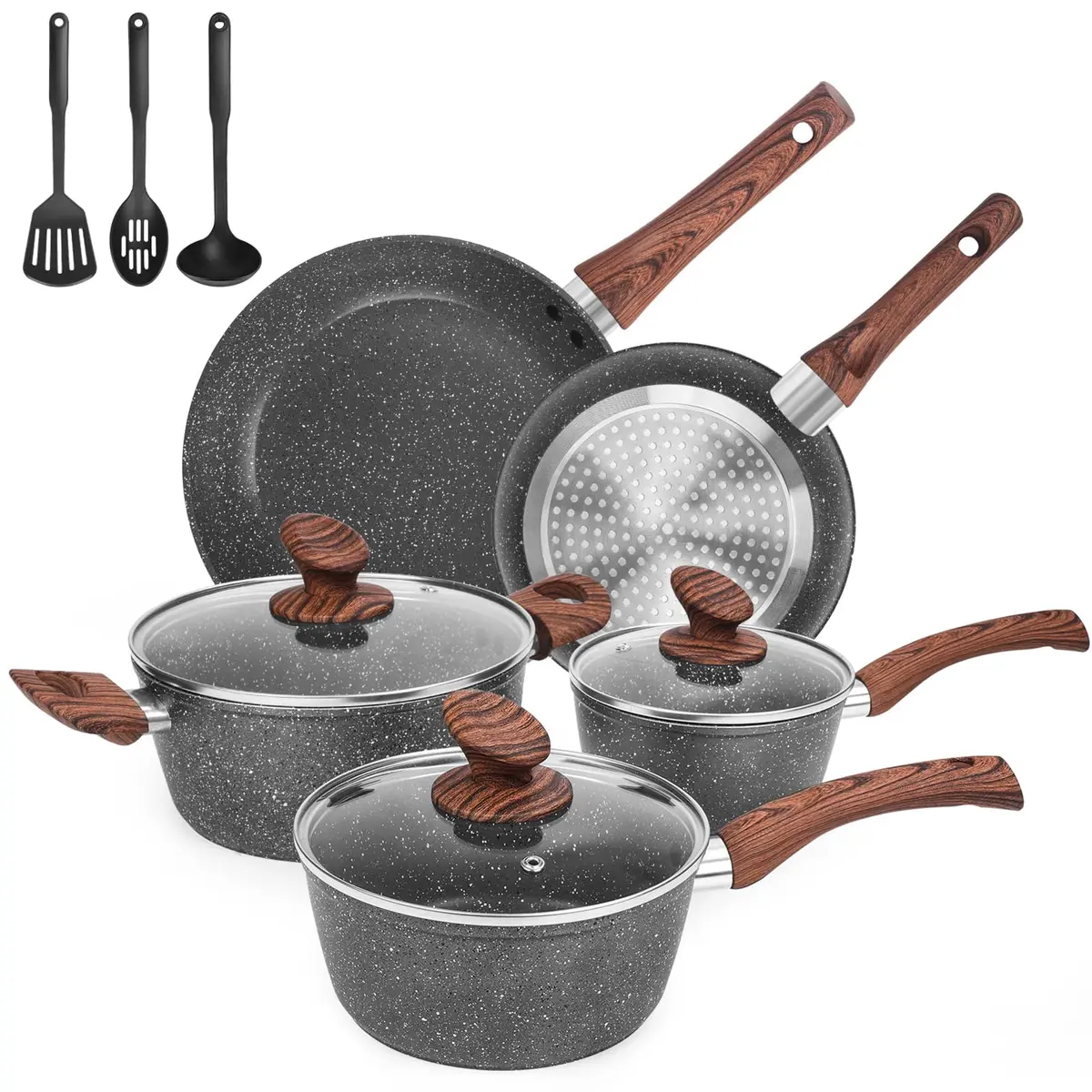 M MELENTA Pots and Pans Set Non Stick 11-Piece Grey Granite | Durable, Induction Compatible with Easy Cleanup - main product image