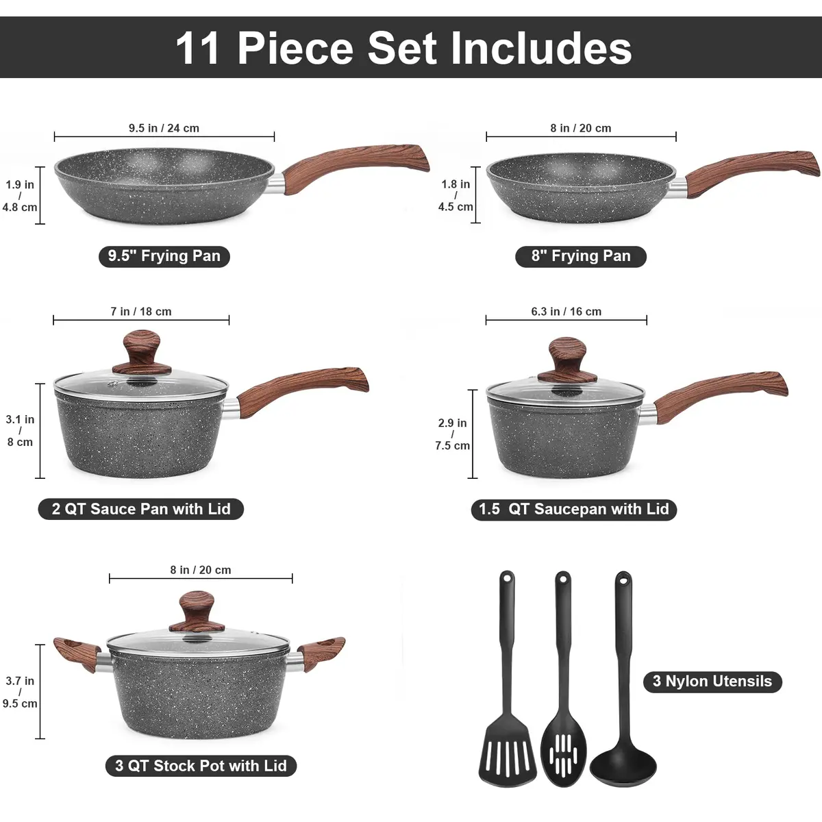 M MELENTA Pots and Pans Set Non Stick 11-Piece Grey Granite | Durable, Induction Compatible with Easy Cleanup - view 2