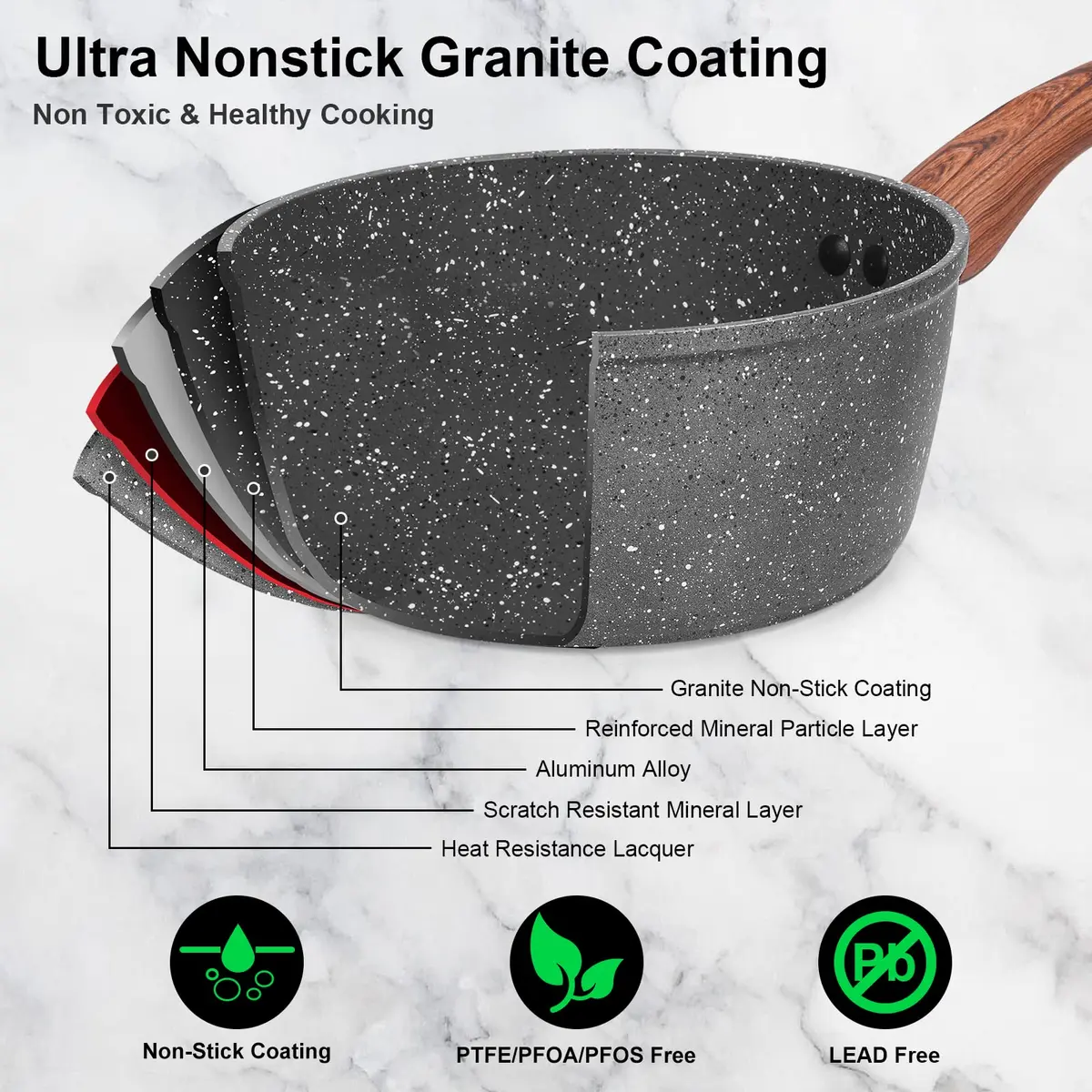 M MELENTA Pots and Pans Set Non Stick 11-Piece Grey Granite | Durable, Induction Compatible with Easy Cleanup - view 3