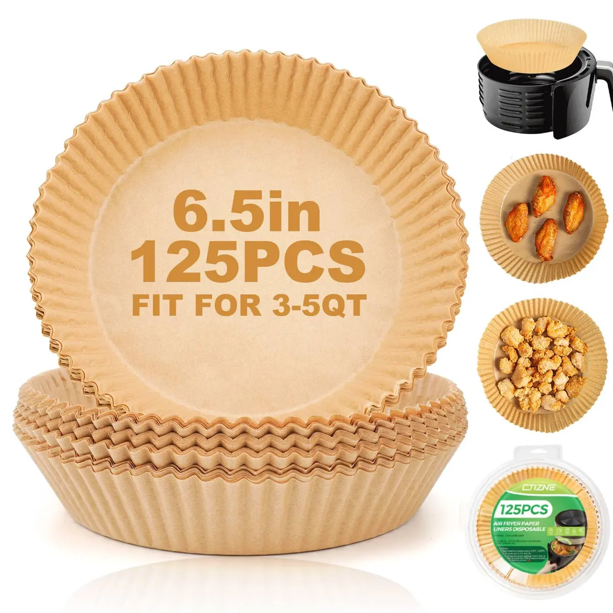 ctizne Disposable Air Fryer Liners 6.5In | Non-Stick, 125 pcs for 3-5 Qt Basket - main product image
