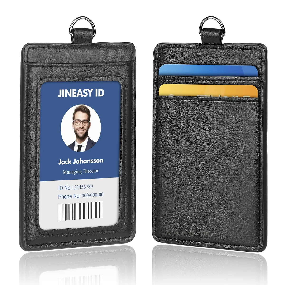 JINEASY ID Leather ID Badge Holder Vertical Lanyard ID Card Holder Black Badge Protector Case for Work Office Name Badges Keycard, Holds 3 ID Cards, 2 Pack - main product image