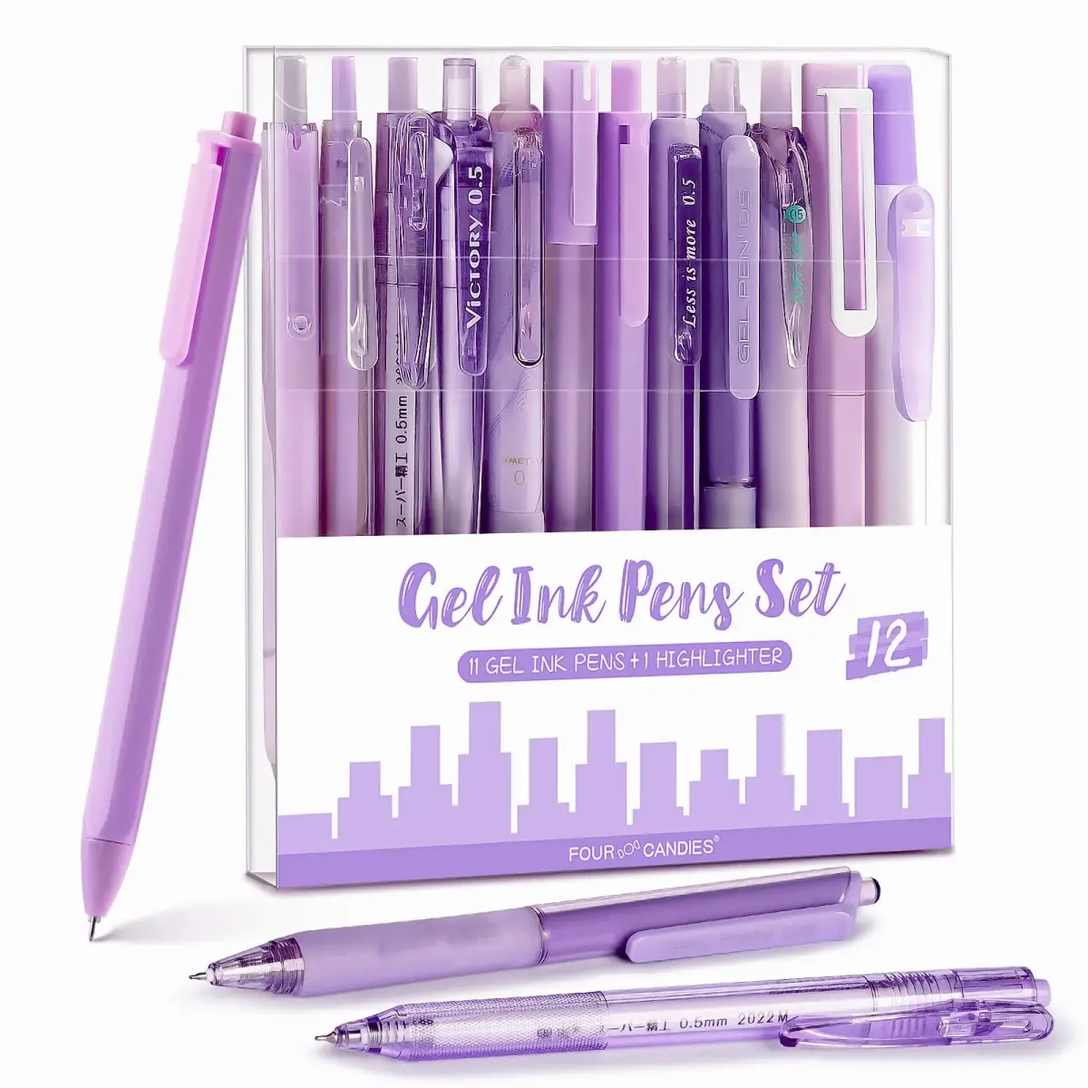 Four Candies Purple Pens, Black Gel Ink, Lavender Series 12ct | Smooth Writing Instrument - main product image