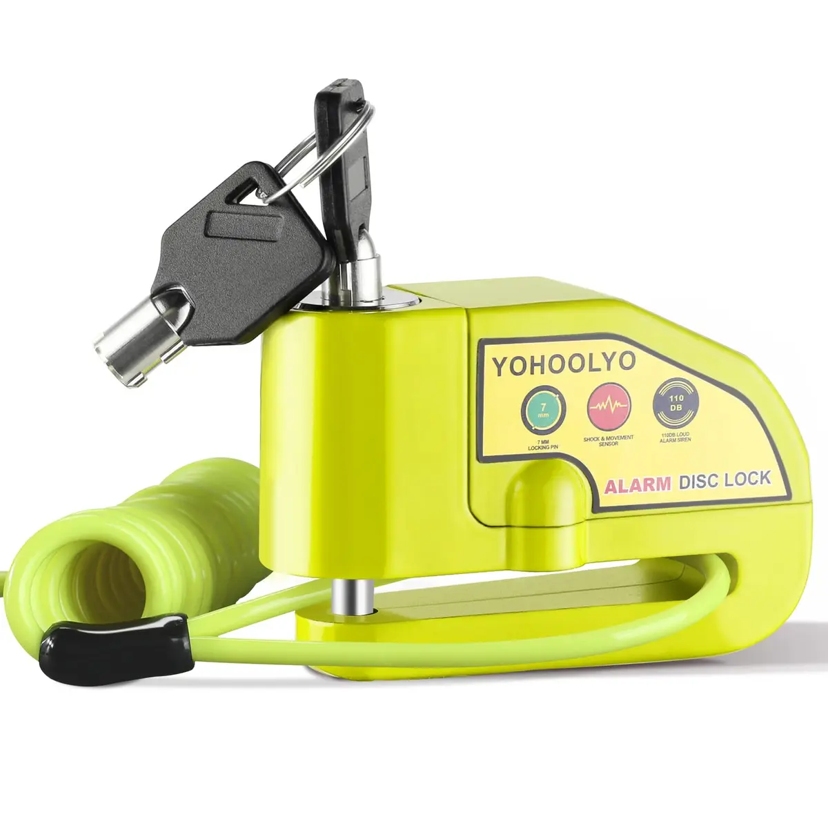 YOHOOLYO Motorcycle Alarm Disc Lock with 110dB Siren & 5ft Reminder Cable, Green | Forged Stainless Steel, Waterproof, Anti-Theft - main product image