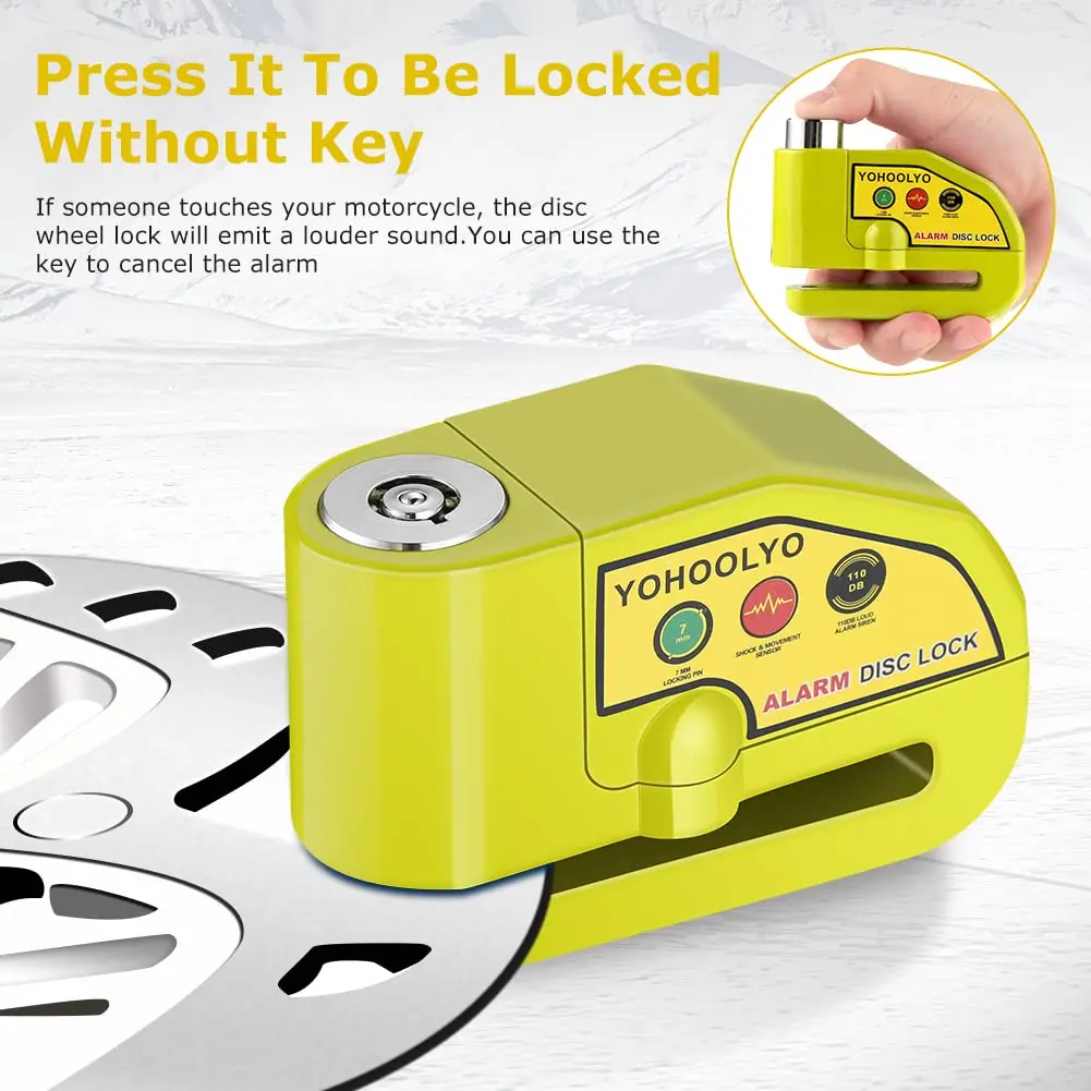 YOHOOLYO Motorcycle Alarm Disc Lock with 110dB Siren & 5ft Reminder Cable, Green | Forged Stainless Steel, Waterproof, Anti-Theft - view 2