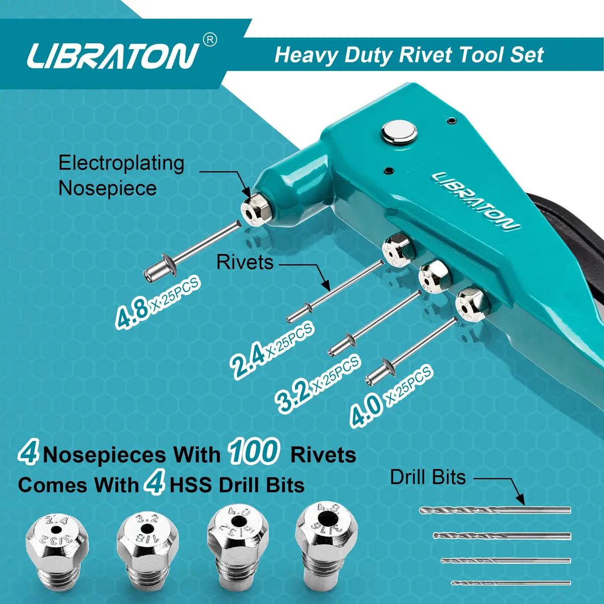 LIBRATON Heavy Duty Rivet Gun Set with 110 Rivets & 4 HSS Drills | Professional Hand Riveter for Metal, Wood, Plastic - view 4