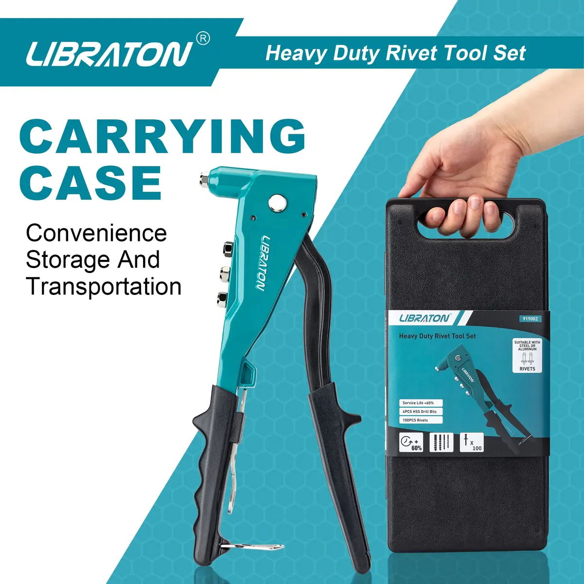 LIBRATON Heavy Duty Rivet Gun Set with 110 Rivets & 4 HSS Drills | Professional Hand Riveter for Metal, Wood, Plastic - view 5