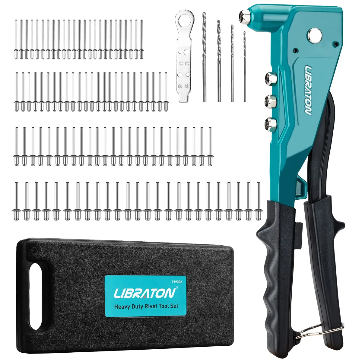 LIBRATON Heavy Duty Rivet Gun Set with 110 Rivets & 4 HSS Drills | Professional Hand Riveter for Metal, Wood, Plastic - main product image