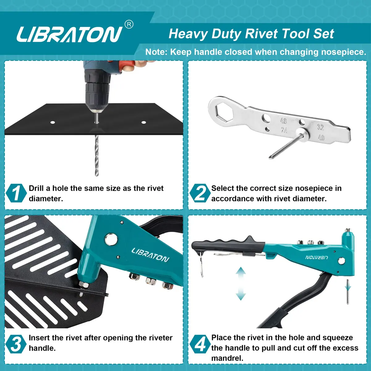 LIBRATON Heavy Duty Rivet Gun Set with 110 Rivets & 4 HSS Drills | Professional Hand Riveter for Metal, Wood, Plastic - view 2