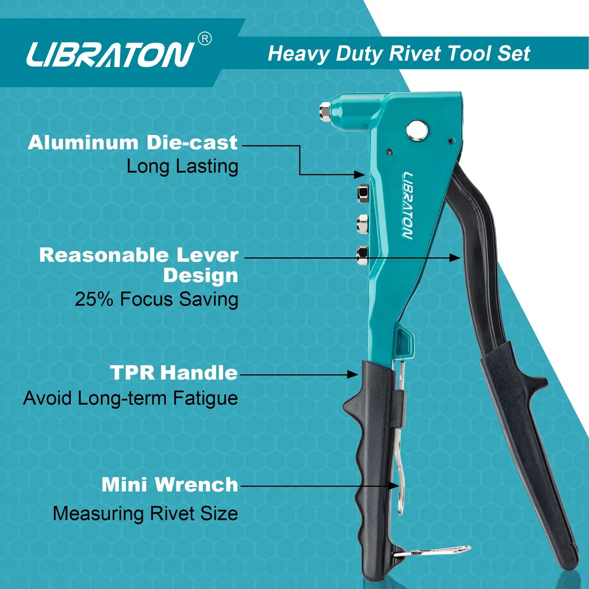 LIBRATON Heavy Duty Rivet Gun Set with 110 Rivets & 4 HSS Drills | Professional Hand Riveter for Metal, Wood, Plastic - view 3