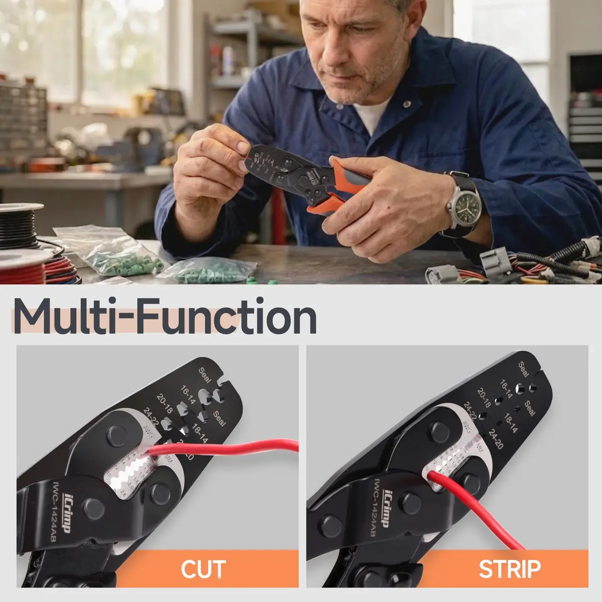 IWISS iCrimp IWC-1424AB Open Barrel & Weather Pack Terminal Crimper AWG24-14 | Built-in Wire Stripper & Cutter - view 5