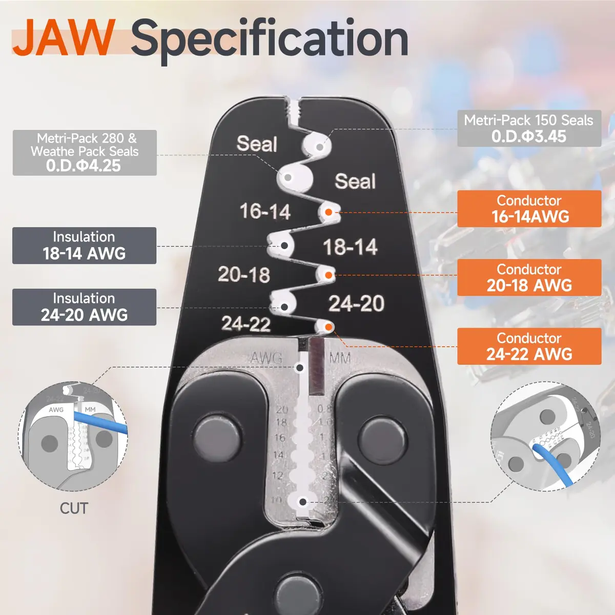 IWISS iCrimp IWC-1424AB Open Barrel & Weather Pack Terminal Crimper AWG24-14 | Built-in Wire Stripper & Cutter - view 2