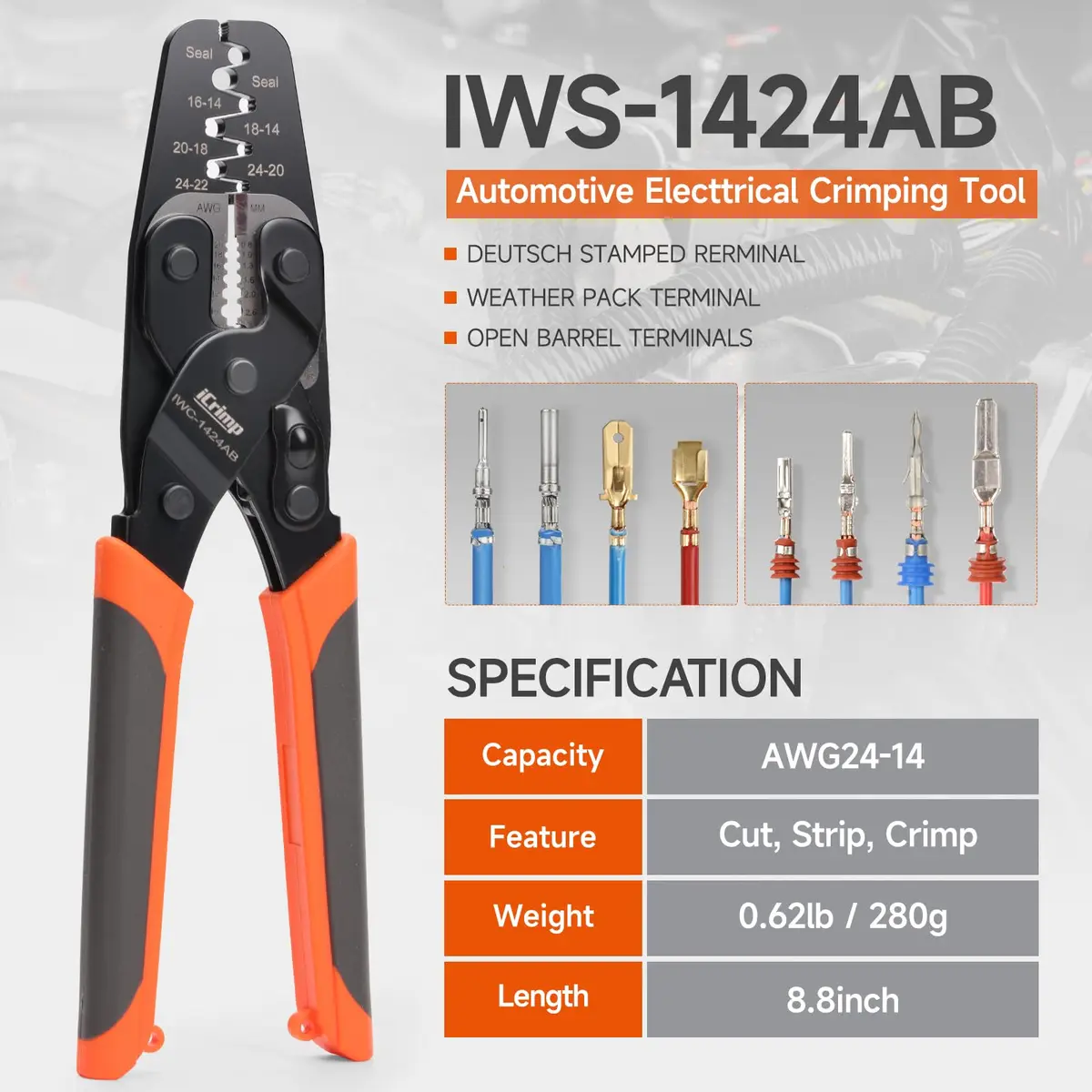 IWISS iCrimp IWC-1424AB Open Barrel & Weather Pack Terminal Crimper AWG24-14 | Built-in Wire Stripper & Cutter - view 4
